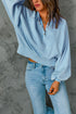 Lantern Sleeve Snap Button Placket Washed Pullover Casual Round Neck Sweatshirt